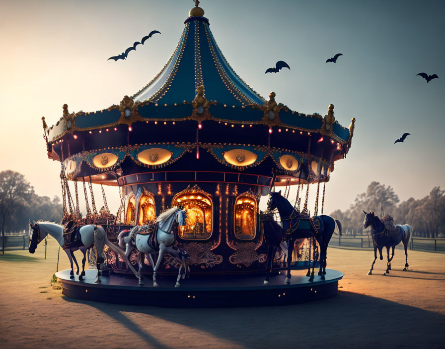 Twilight carousel scene with illuminated lights, horses, and flying birds