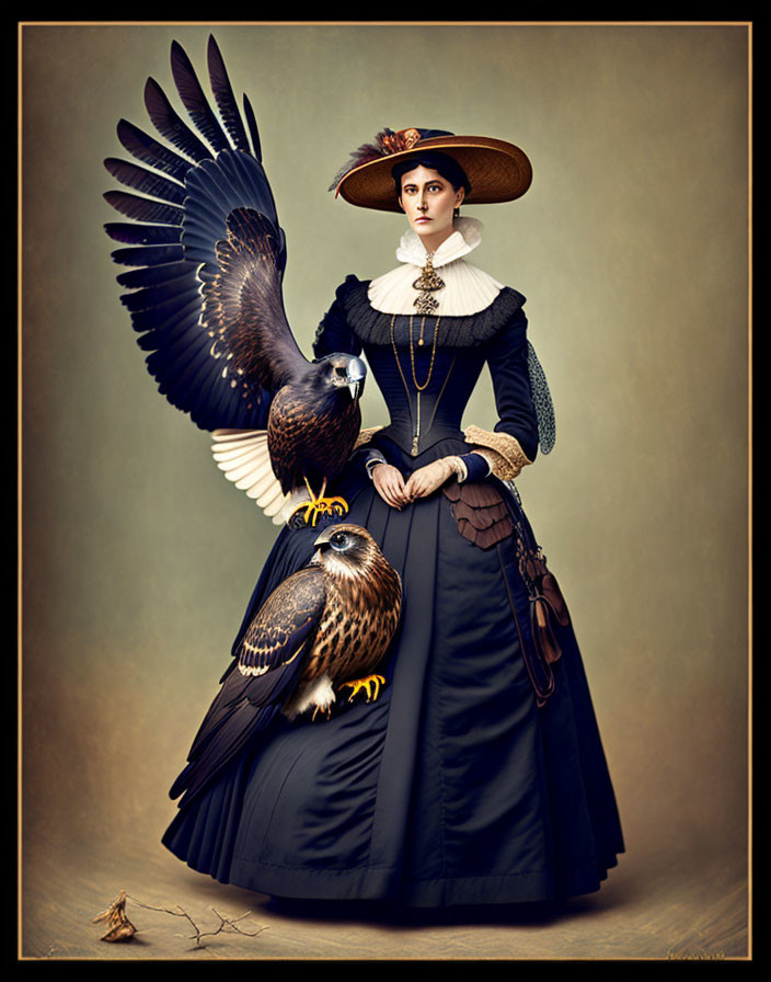 Vintage clothing woman with eagles perched and spreading wings