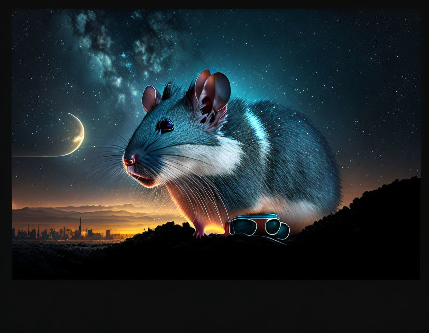 Digital artwork: Oversized glowing mouse in city skyline under crescent moon