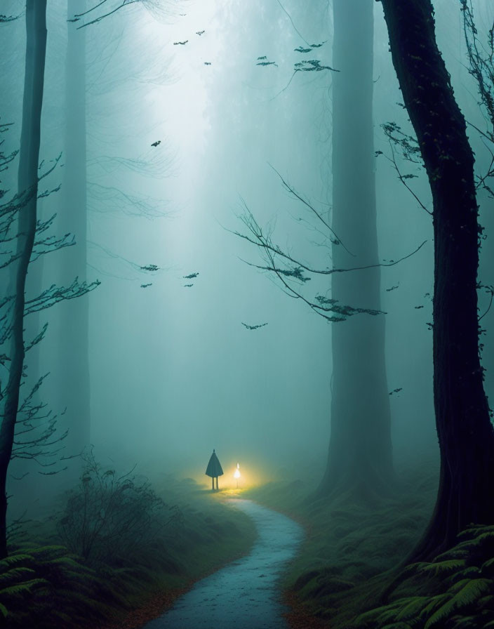 Misty forest scene with lantern light and towering trees