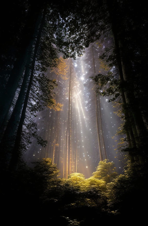 Dense Forest Sunlight Illuminating Mist and Foliage