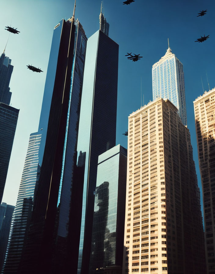 City skyline with skyscrapers and helicopters under blue sky