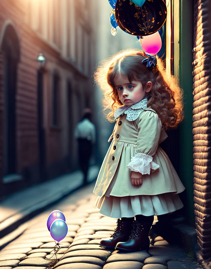 Young girl in vintage dress on cobblestone street with balloons under warm sunlight