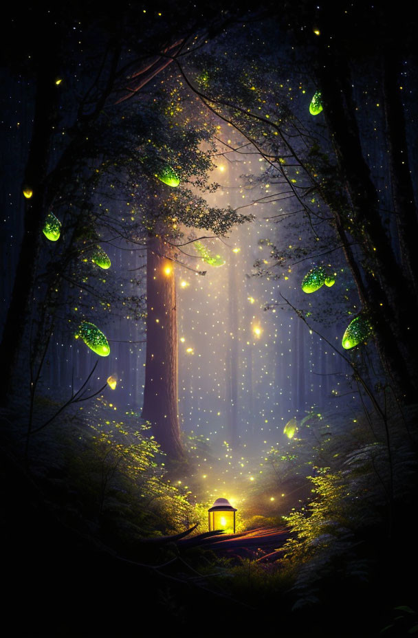 Night forest scene with fireflies, lantern, and ethereal light beams