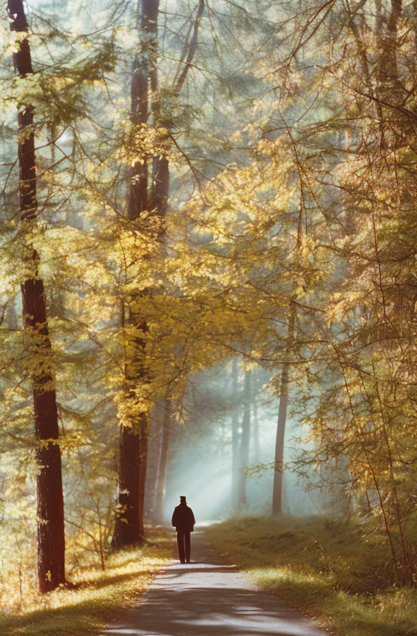 Person walking on forest path with sunlight filtering through trees