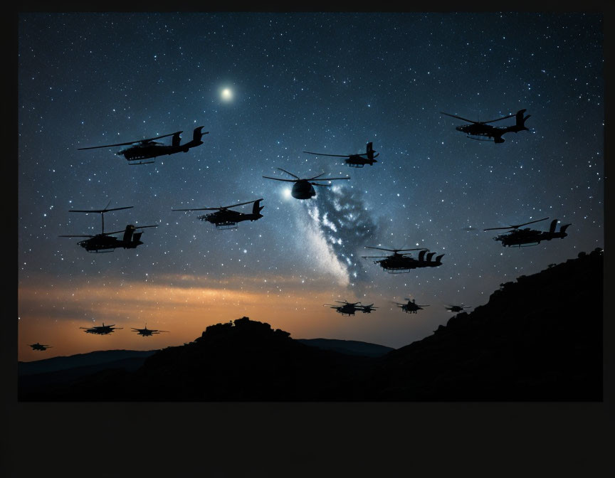 Helicopters flying under starry night sky over hilly terrain