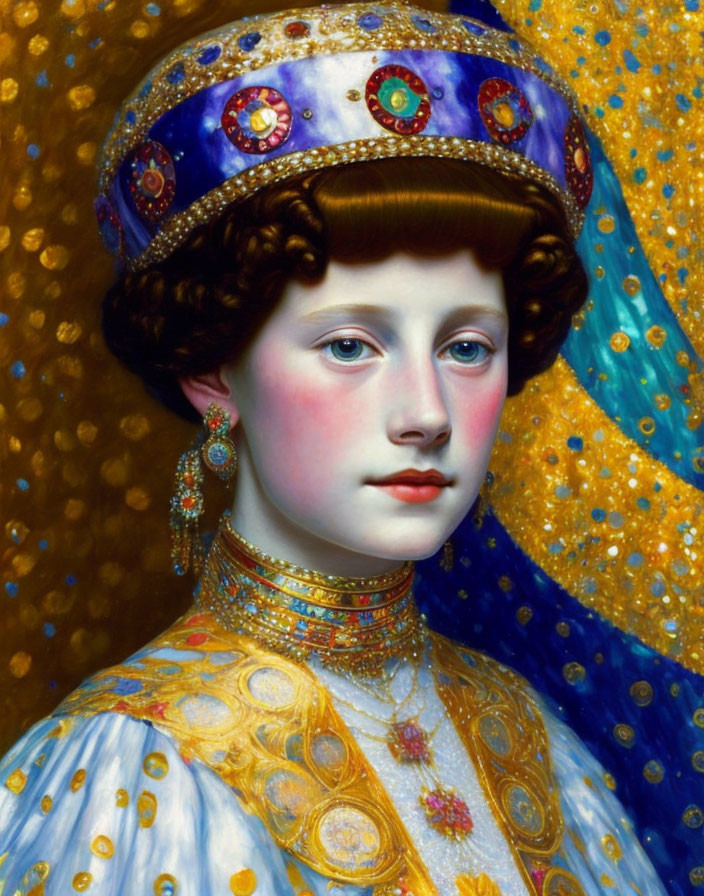 Portrait of young woman in traditional Russian attire with auburn hair and pearl-studded blue headdress