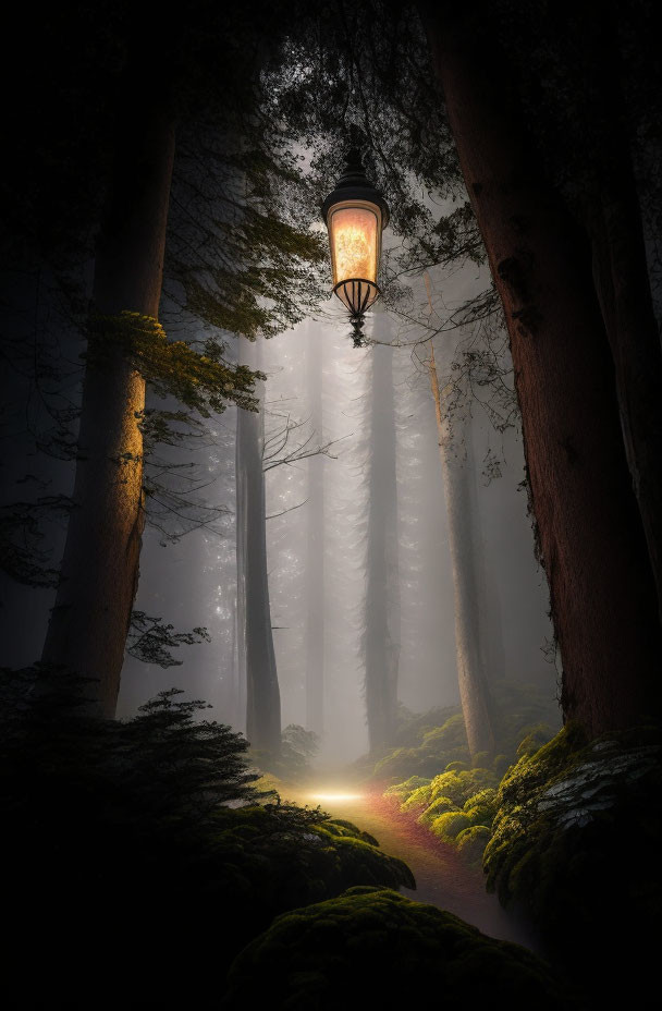 Misty forest scene with glowing street lamp and sunbeams