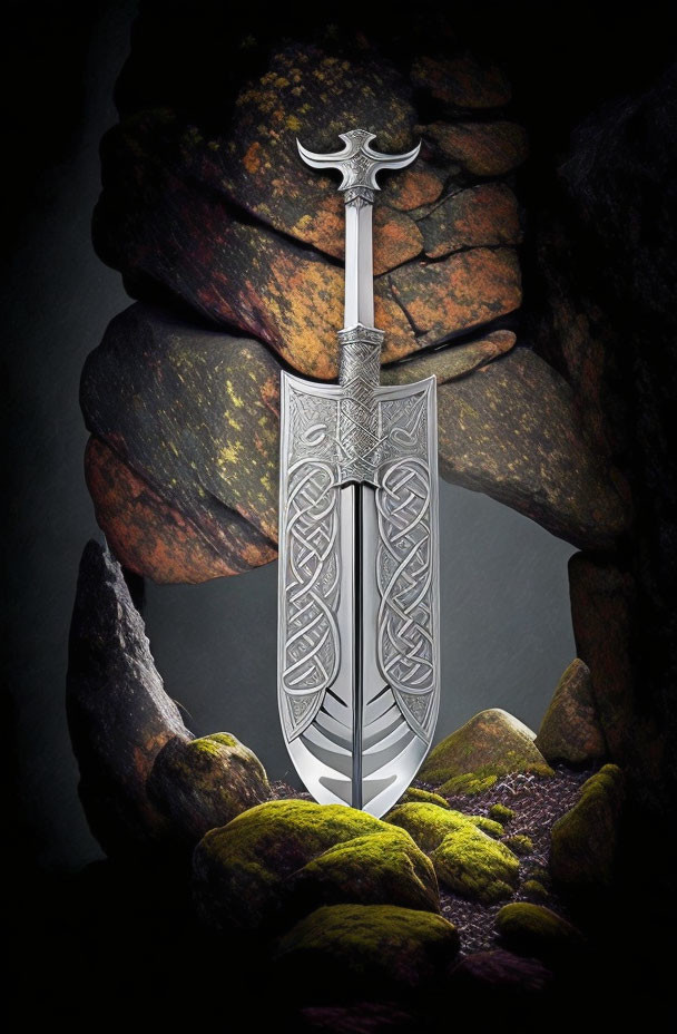 Intricate design ornate sword on dark stone backdrop