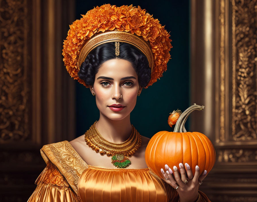 Elaborate orange dress woman holding pumpkin against dark backdrop