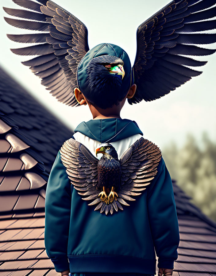 Child merges with eagle design on jacket, creating illusion of wings