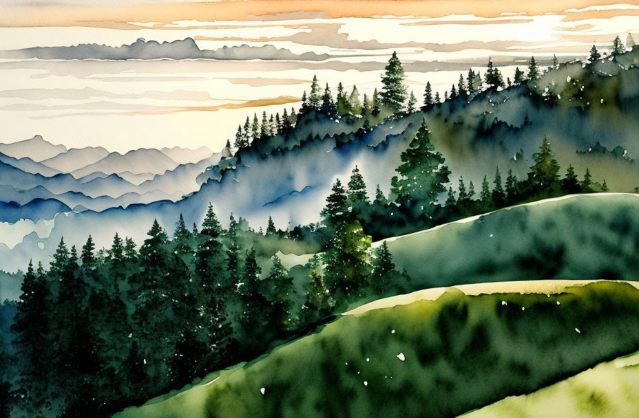 Scenic watercolor landscape of misty mountains and green hills