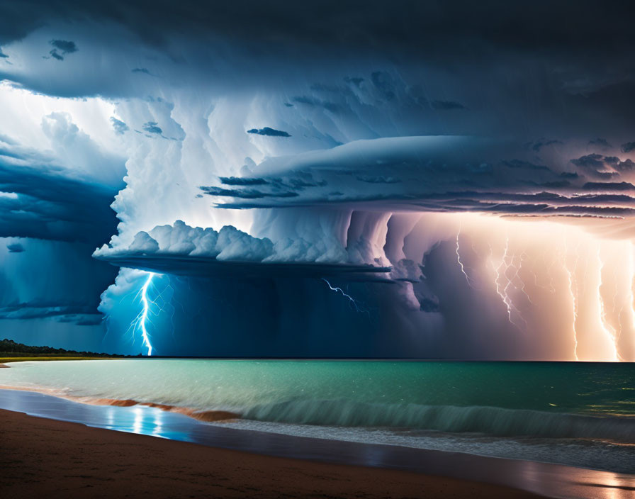 Dramatic thunderstorm over beach: vivid lightning, dark clouds, turquoise sea