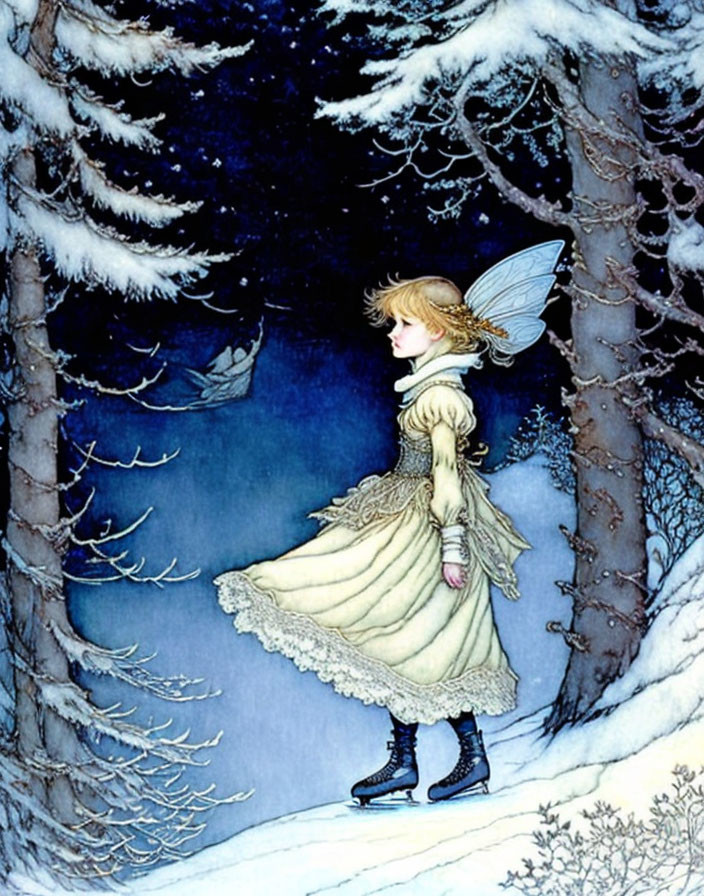 Translucent-winged fairy in cream dress and black boots in snowy forest