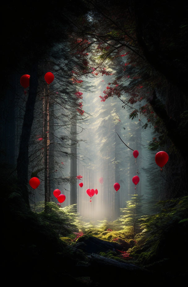 Sunlit mystical forest with red balloons and dark green trees