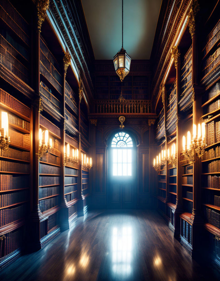 Victorian-style library with wooden bookshelves, arched window, and polished floor