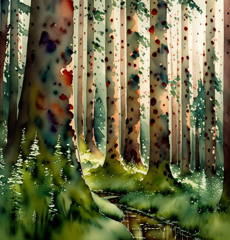 Whimsical forest watercolor with tall trees and serene stream