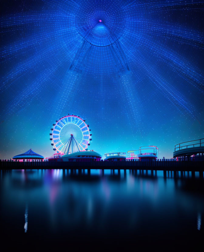 Vibrant ferris wheel at pier under starry night sky