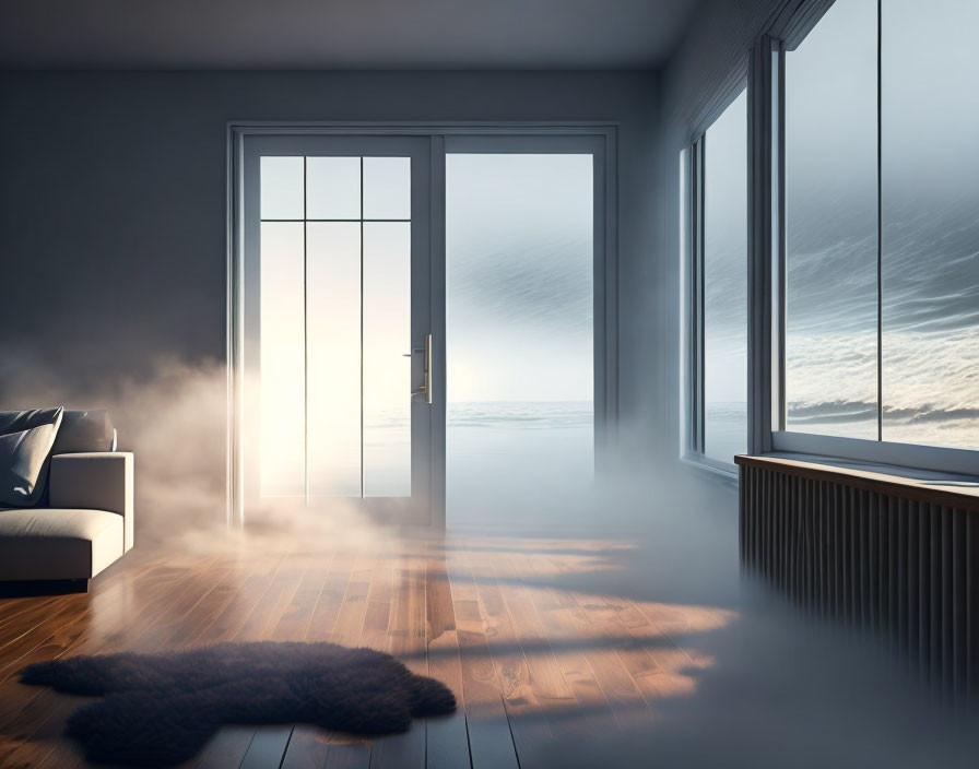 Contemporary room with French doors, coastal view, mist, sofa, and ocean window