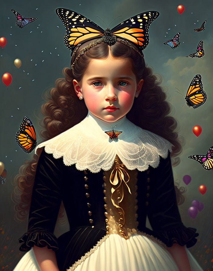 Young girl with curly hair in vintage dress surrounded by butterflies and colorful balloons on dark background