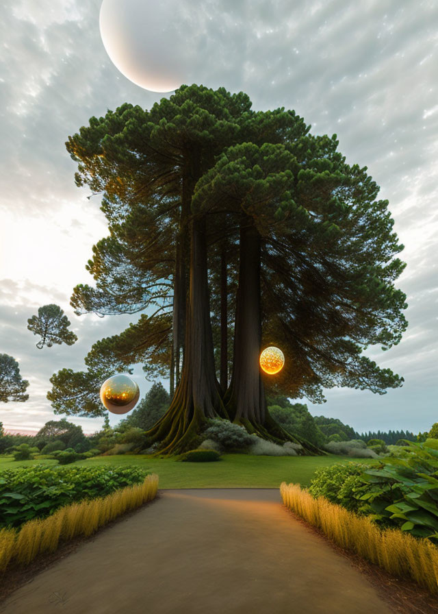 Majestic ancient trees, glowing orbs, and oversized moon in twilight sky