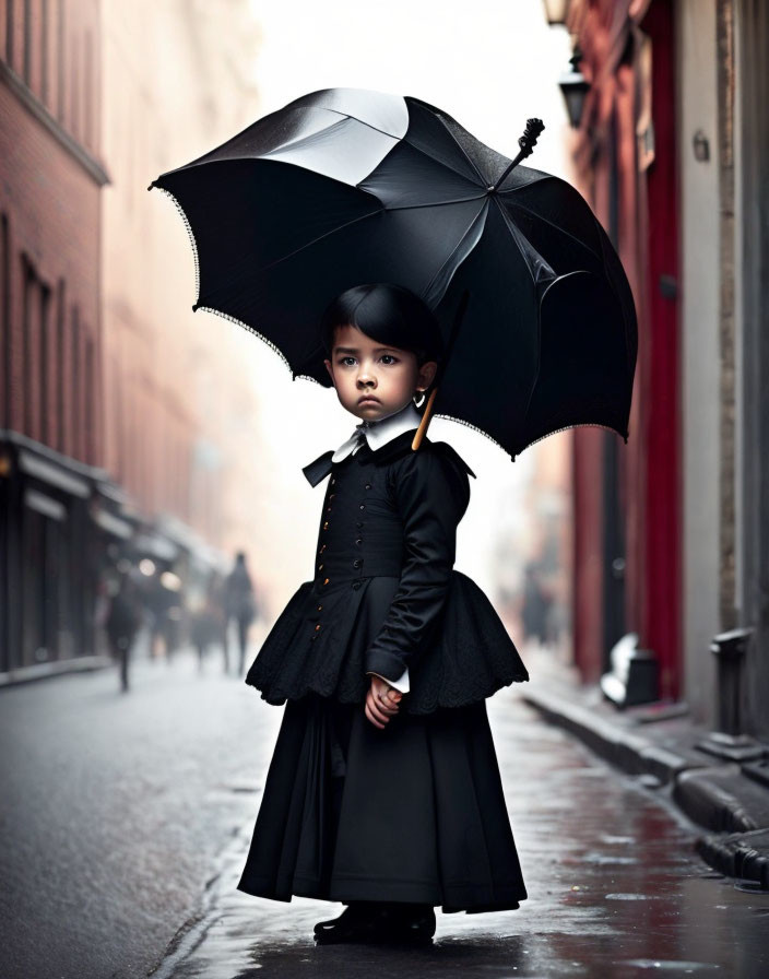 Young child in vintage black outfit with oversized umbrella on misty cobblestone street