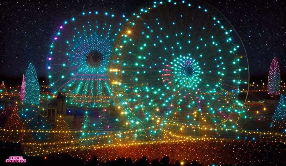 Colorful Ferris Wheels Illuminate Night Fairground