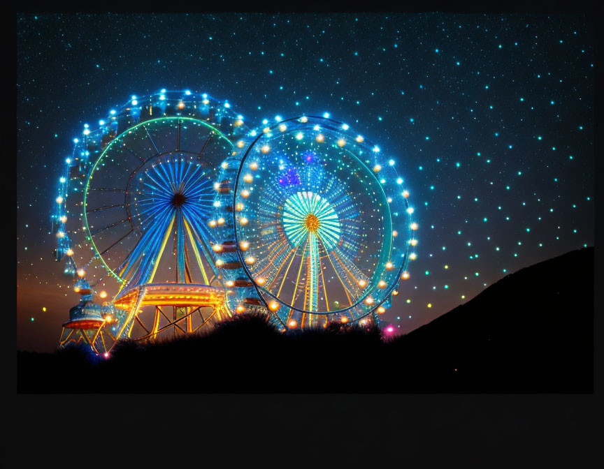 Vibrant night scene with two lit ferris wheels under starry sky