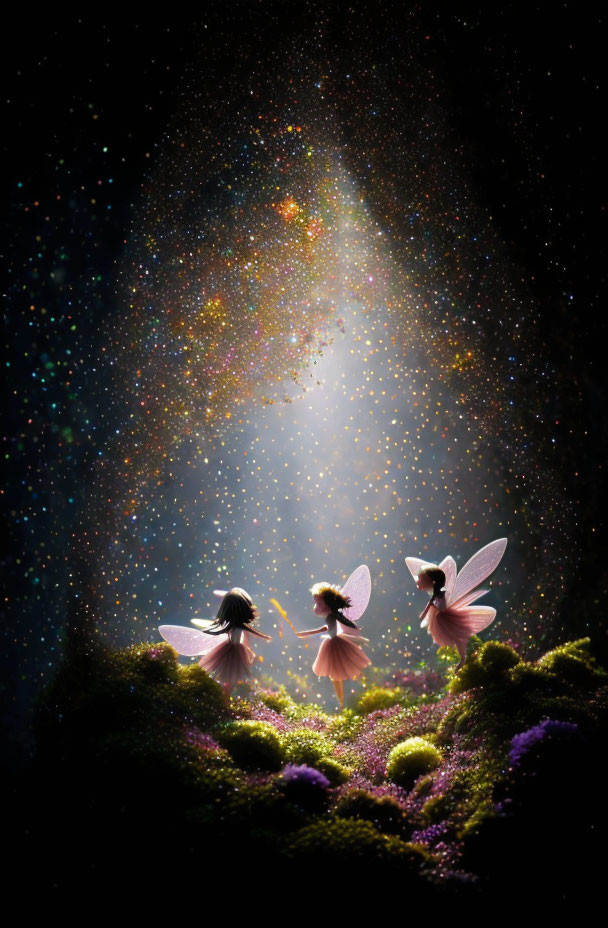 Three fairies with iridescent wings under celestial light on flower-covered mound