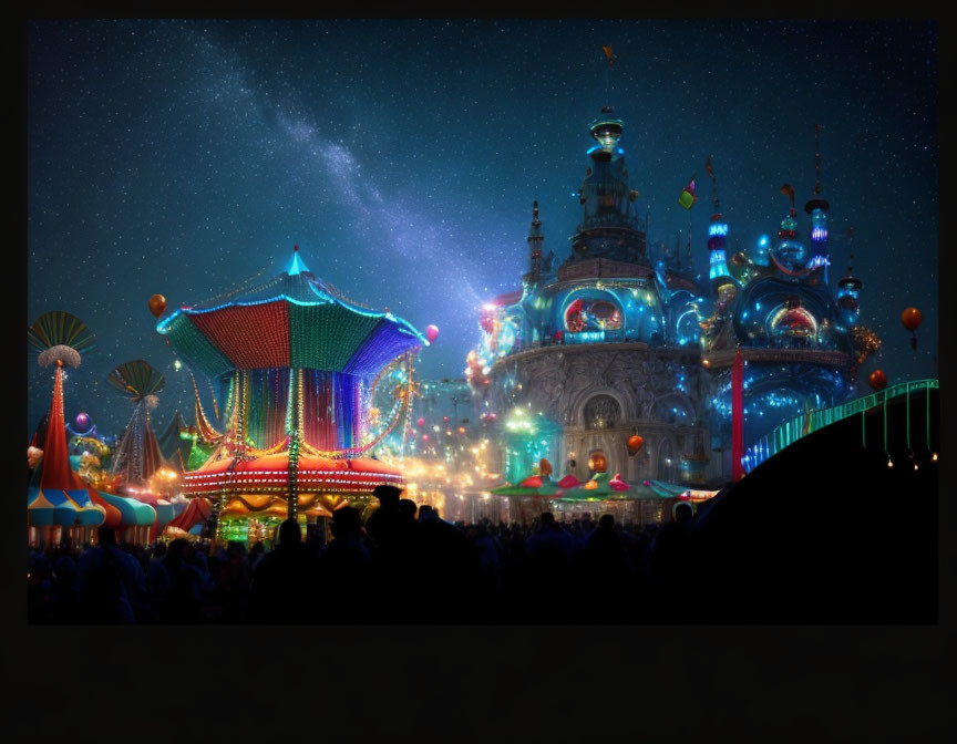 Festive amusement park at night with illuminated rides