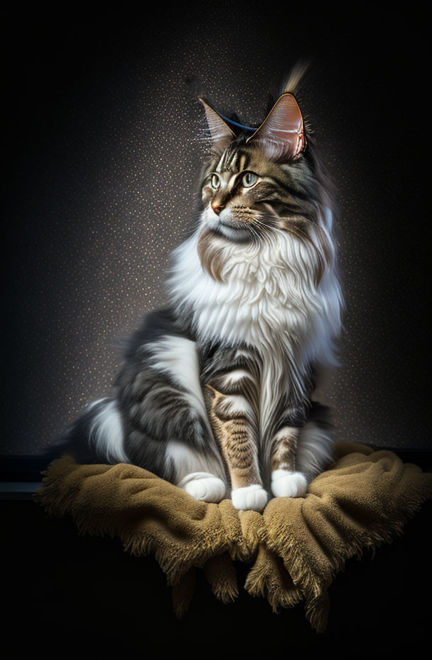 Majestic Maine Coon Cat with Lush Fur Coat on Beige Cushion