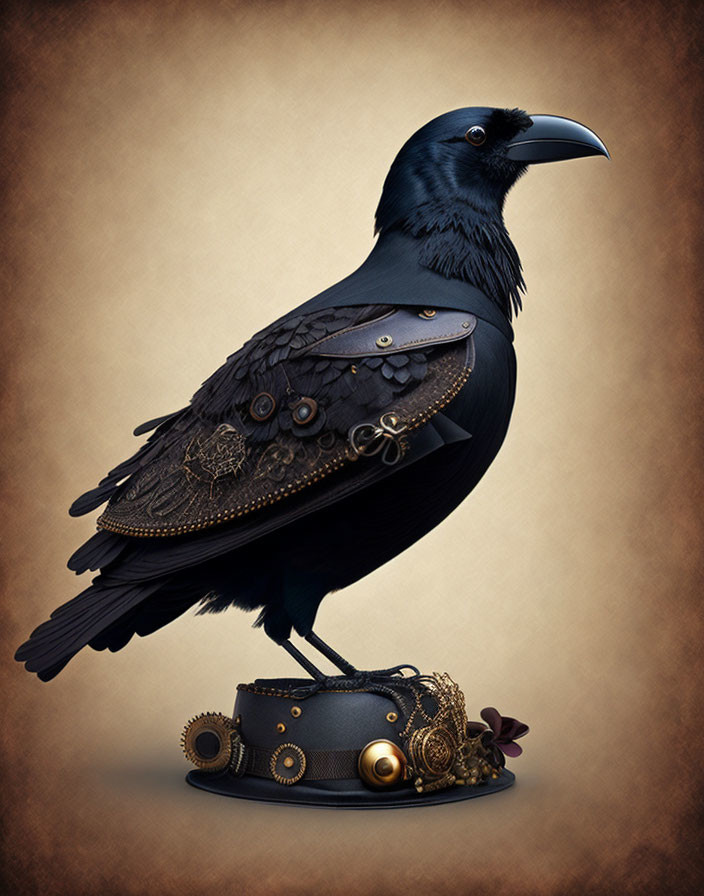 Steampunk-inspired raven perched on decorated hat with gears, brass accents