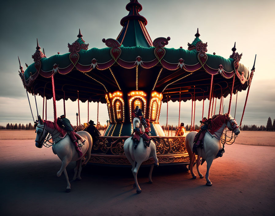 Ornate carousel with illuminated lights and majestic horses at dusk