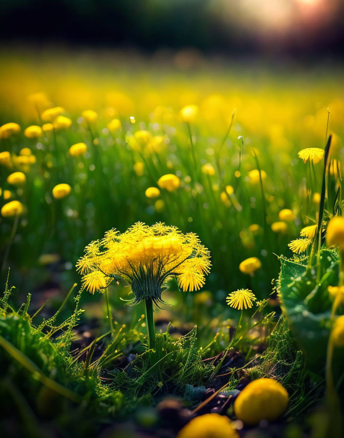 Bright yellow dandelions in golden sunlight against soft green backdrop.