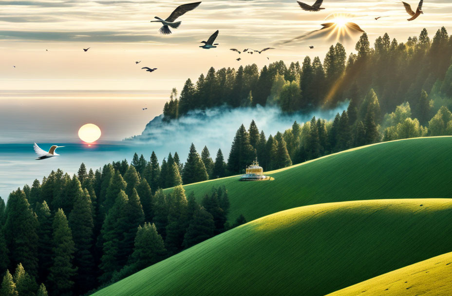 Serene landscape at sunrise with rolling hills, forest, house, and birds