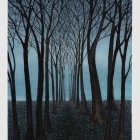 Blue-toned forest scene with bare trees and fog: Mysterious ambiance