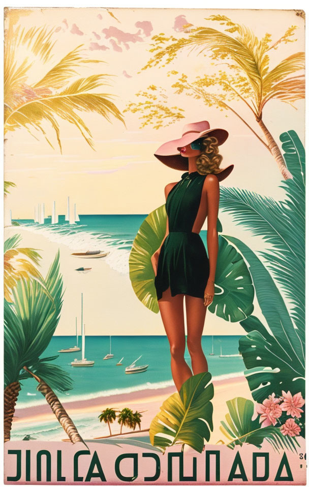 Vintage Travel Poster: Woman in Hat and Dress at Tropical Beach