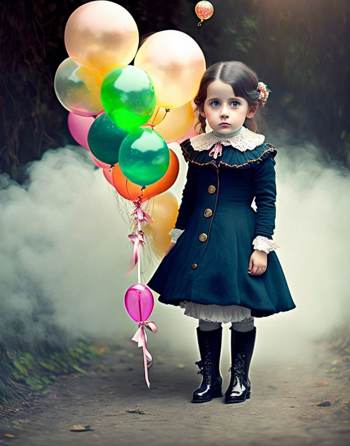 Young girl in vintage green dress with colorful balloons in misty backdrop