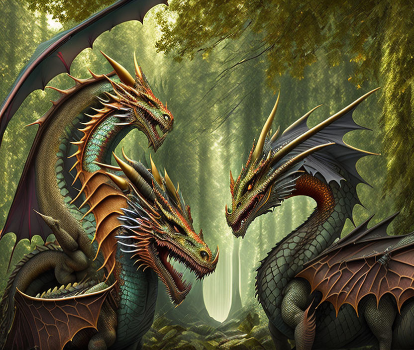 Three dragons in green and brown scales in enchanted forest with streaming light.