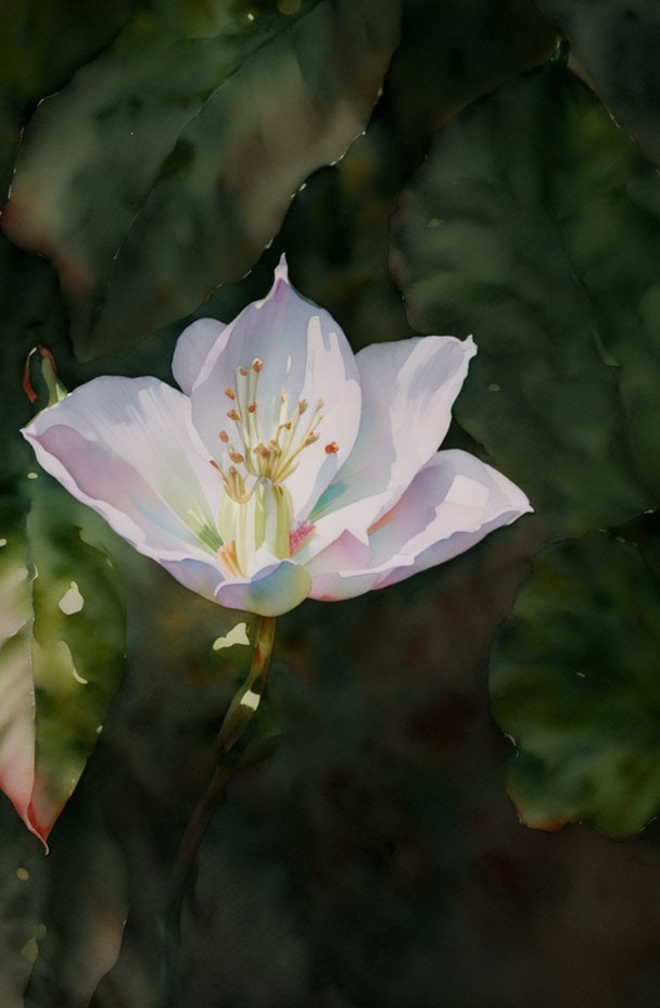 White Flower in Full Bloom Against Dark Green Leaves