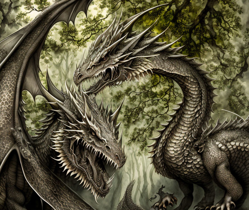 Detailed Three-Headed Dragon Illustration in Misty Forest