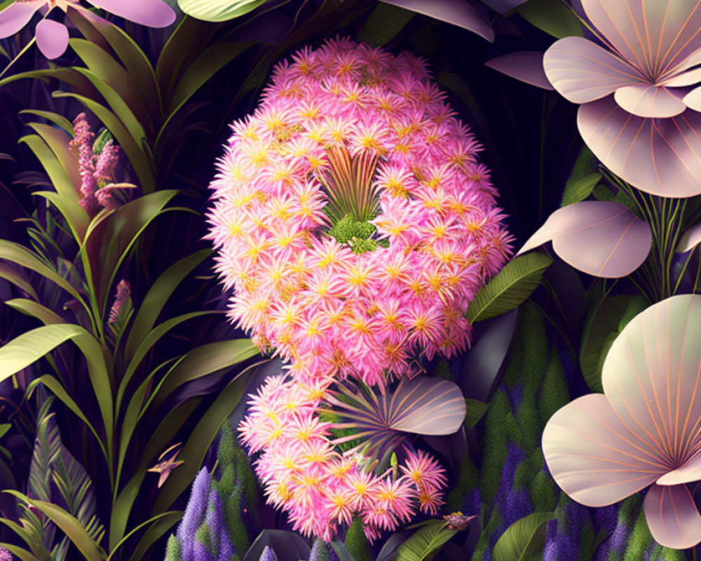 Colorful digital art: Human silhouette made of pink flowers in lush tropical setting