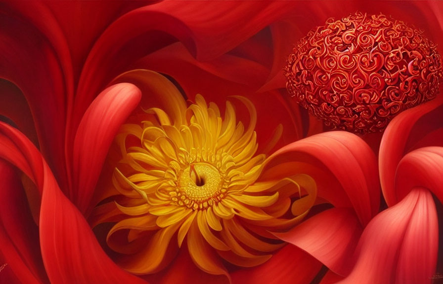 Detailed Red and Yellow Floral Digital Art with Abstract Petals