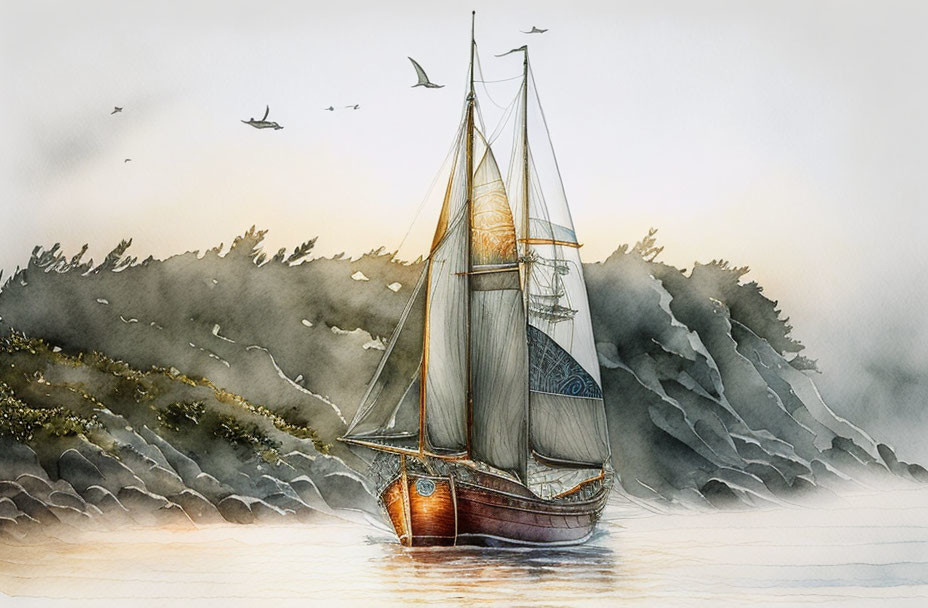 Sailboat Watercolor Painting with Misty Forests and Birds