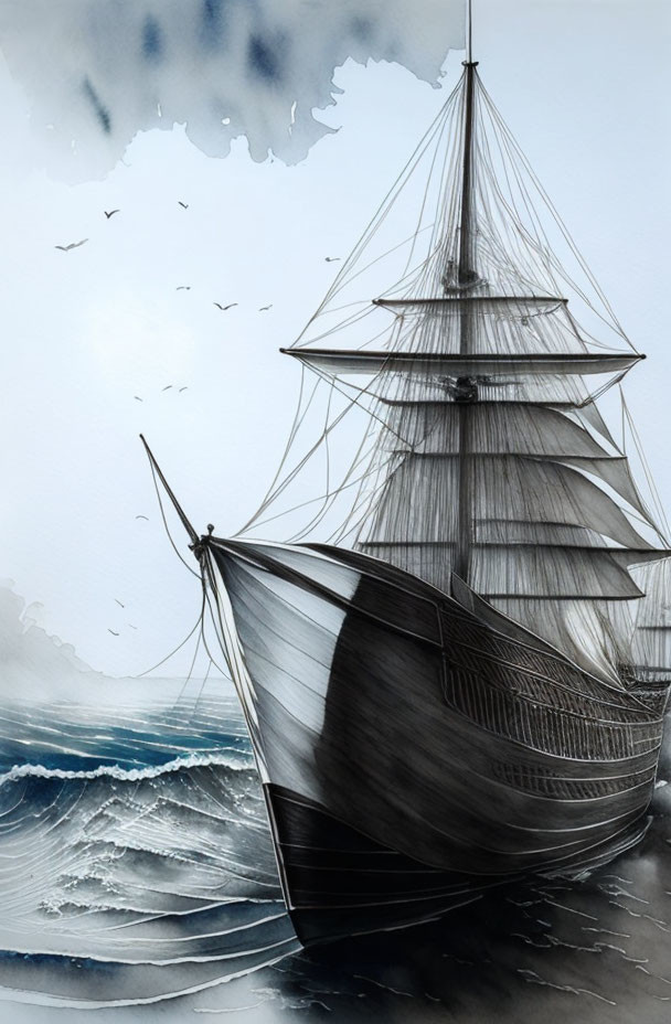 Monochromatic tall ship painting in stormy seas with seagulls