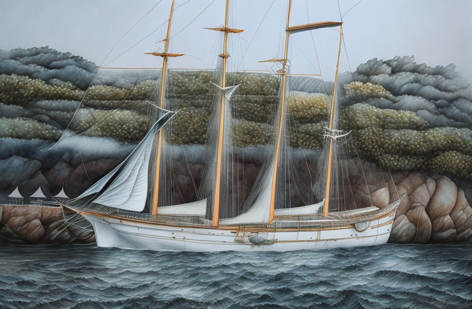 Surreal artwork: Ship sails near giant fish coastline