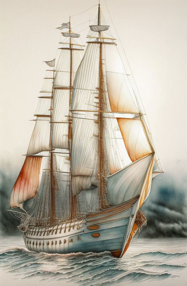 Detailed classic sailing ship illustration on the open sea.