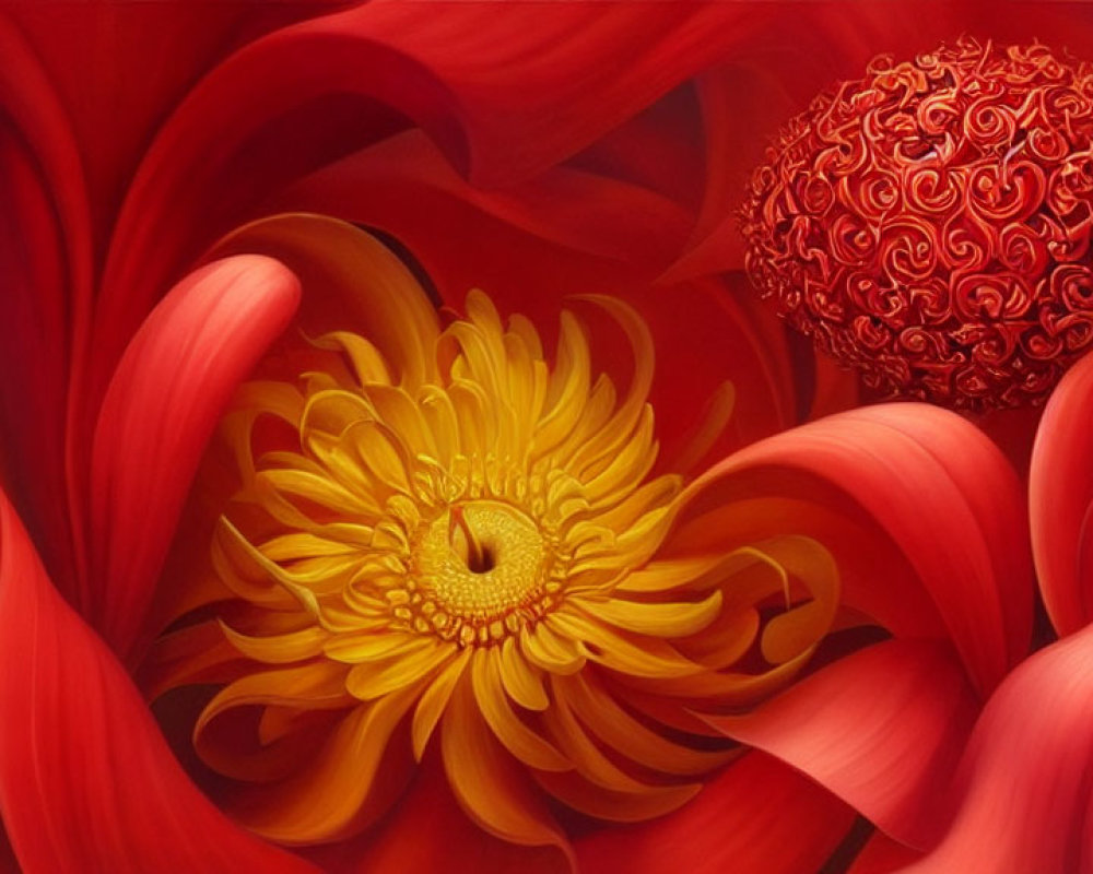 Detailed Red and Yellow Floral Digital Art with Abstract Petals