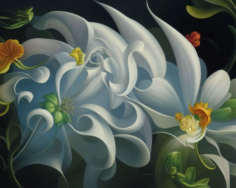 Stylized white flowers in surreal painting with vibrant orange and yellow blooms