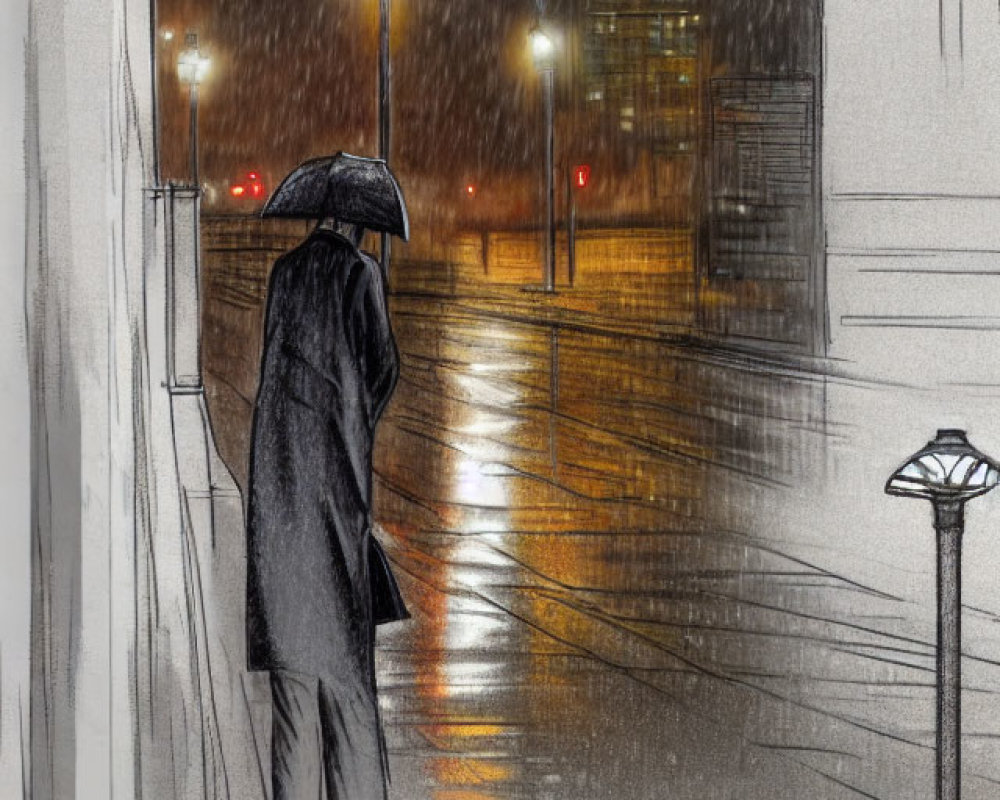 Person with umbrella under street lights in rain at night with "МЕРТВЕЦ